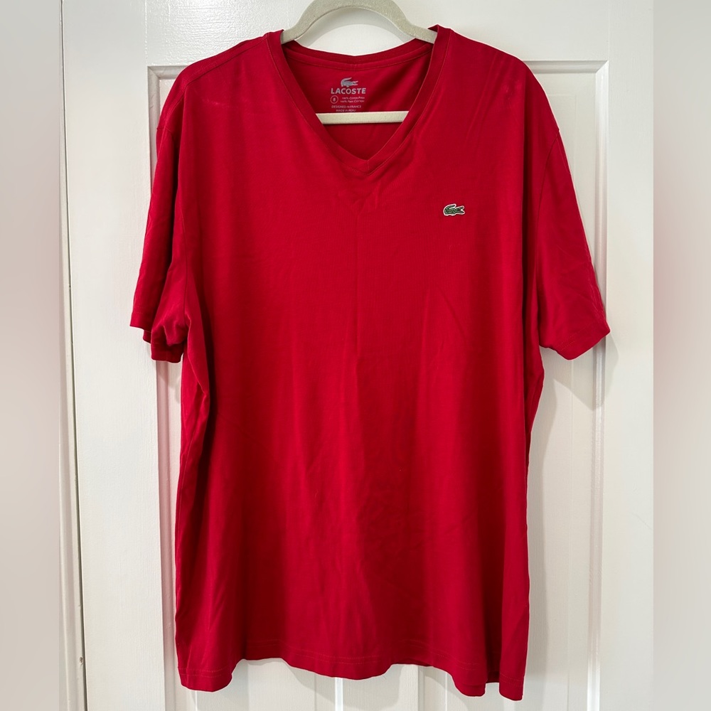 Mens Lacoste red v neck short sleeve shirt top